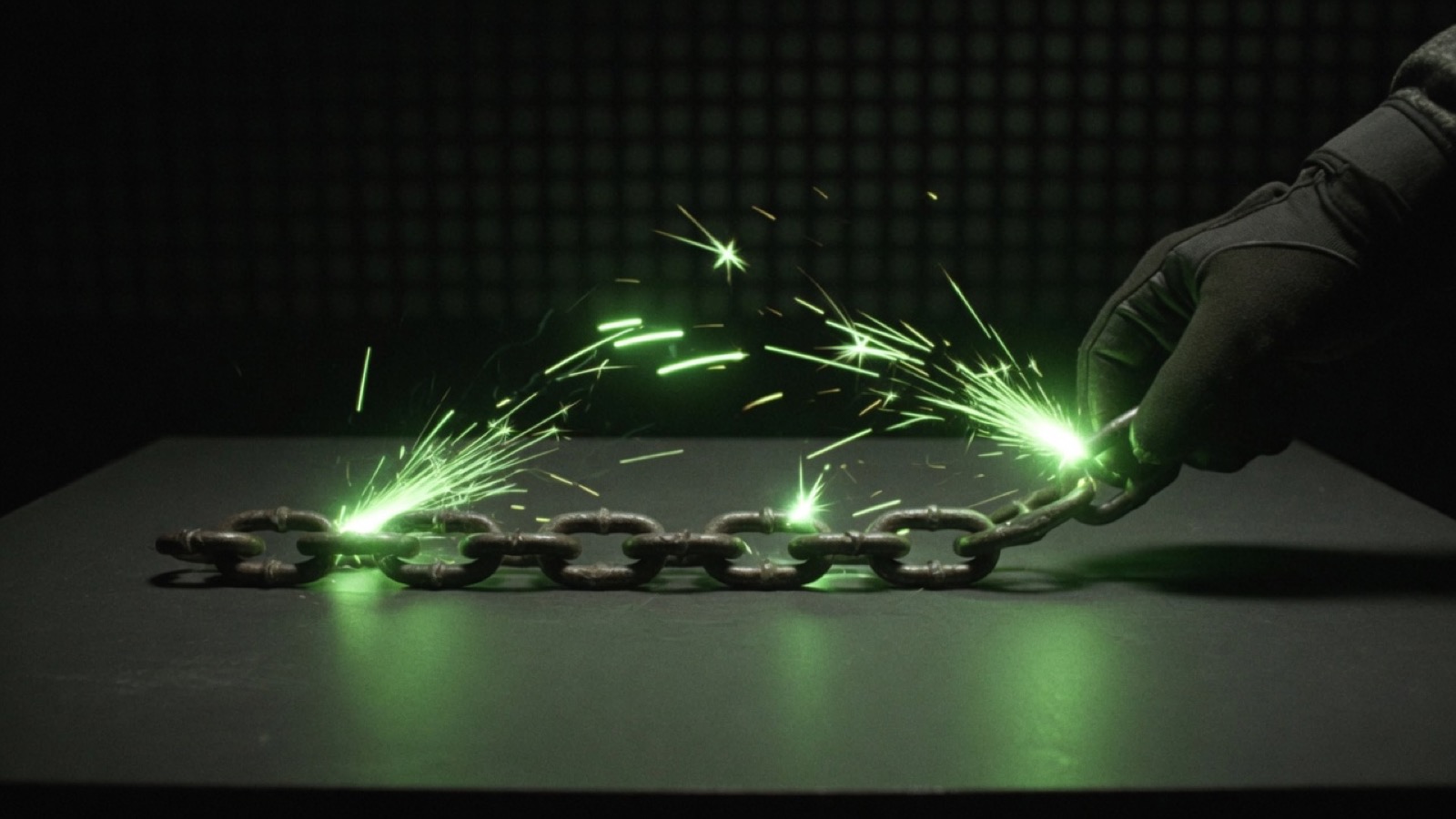 A gloved hand holds the end of a dark chain while green sparks jump along the links on a table.