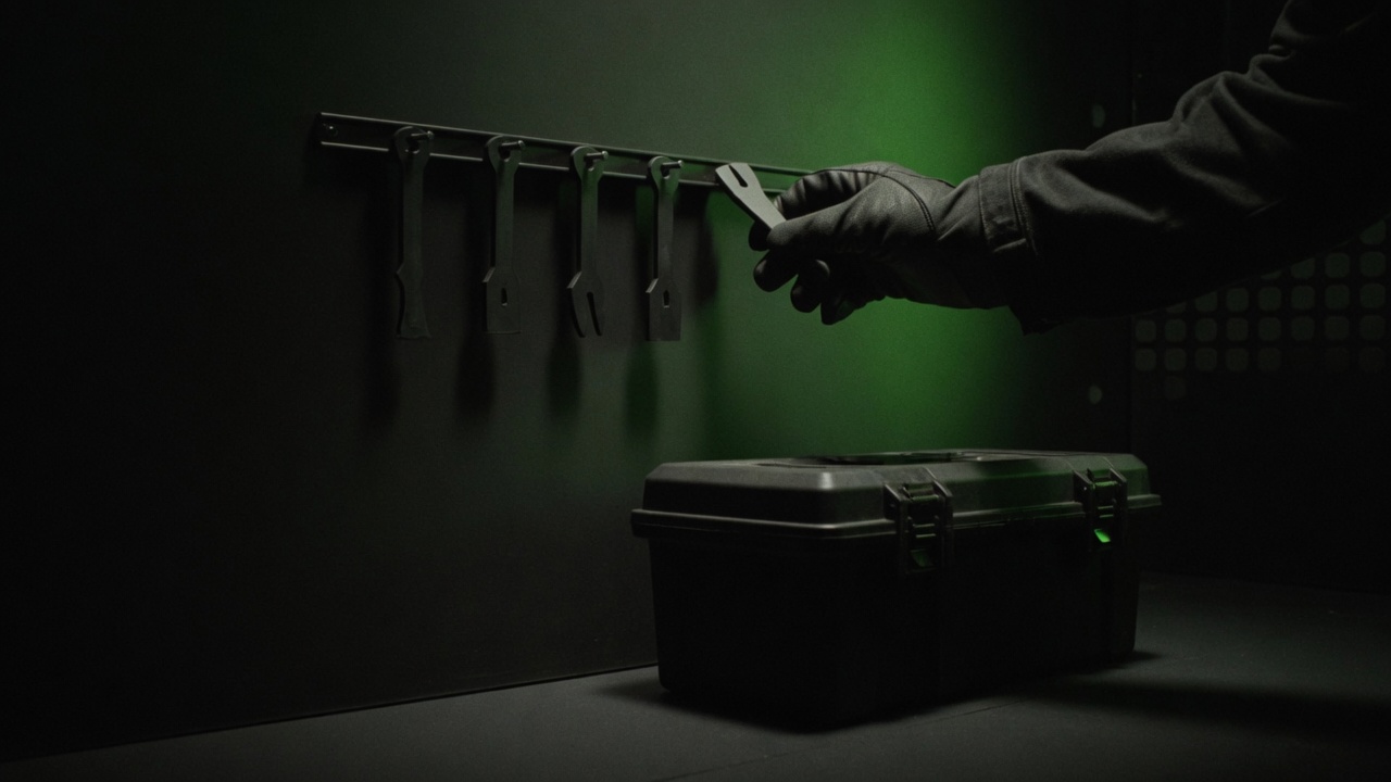 A gloved hand hangs a fifth small tool on a wall rail, four others already in a row, above a closed toolbox.