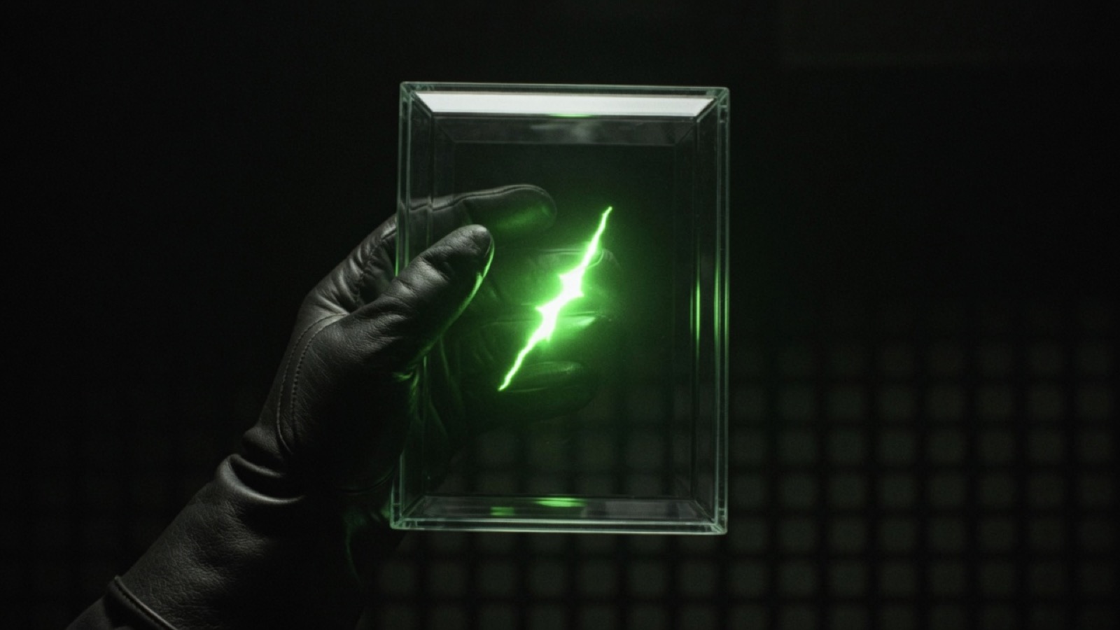 A gloved hand holds up a glass case with a single green spark sealed inside, against a dark grid.